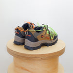 Low top hiking shoes with chains and orange and green laces in a unique pattern 10.5” x 4” x 4.5”