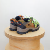 Low top hiking shoes with chains and orange and green laces in a unique pattern 10.5” x 4” x 4.5”