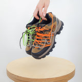 Low top hiking shoes with chains and orange and green laces in a unique pattern 10.5” x 4” x 4.5”