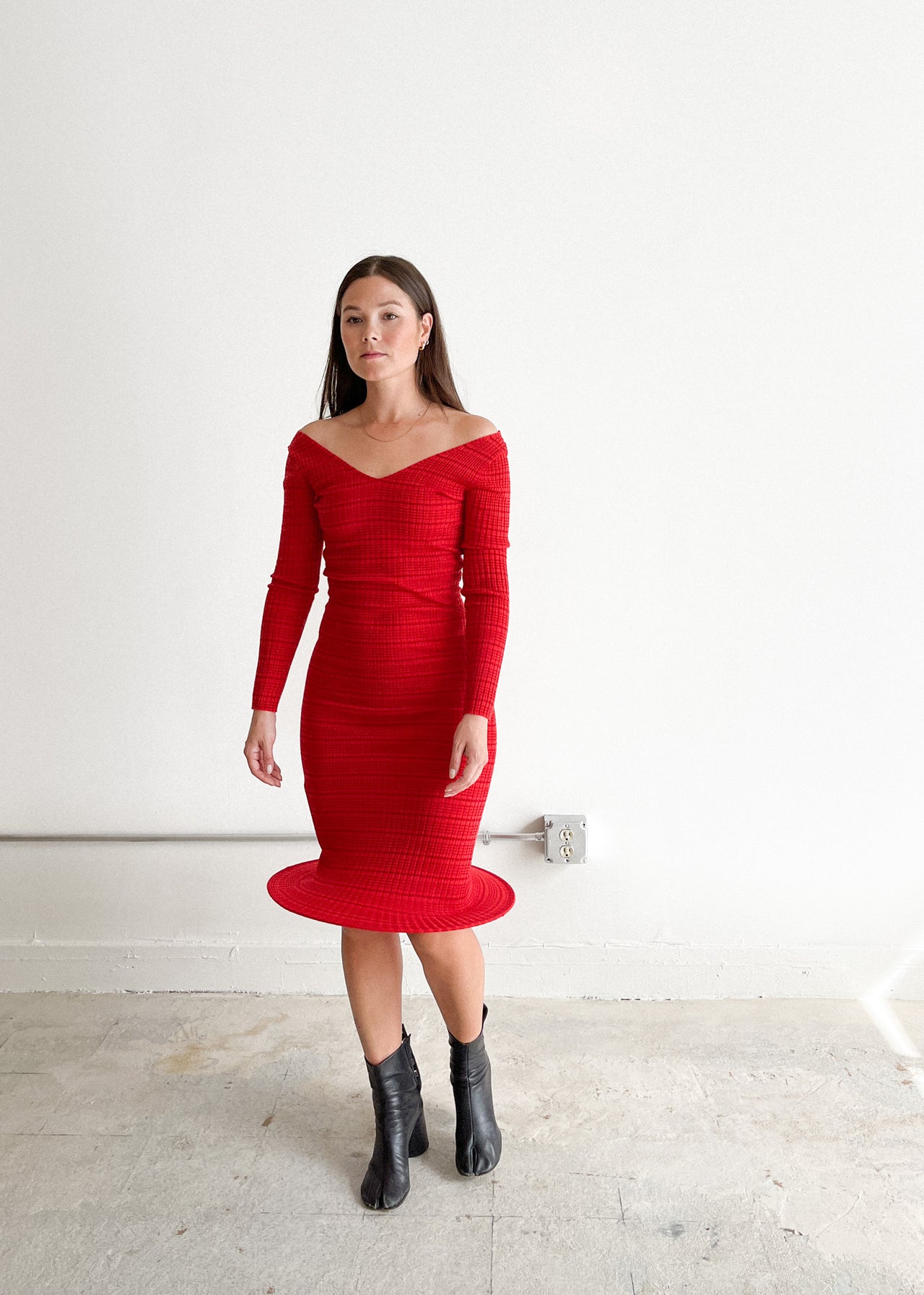 Long Sleeve Hoop Knit Dress (Red)